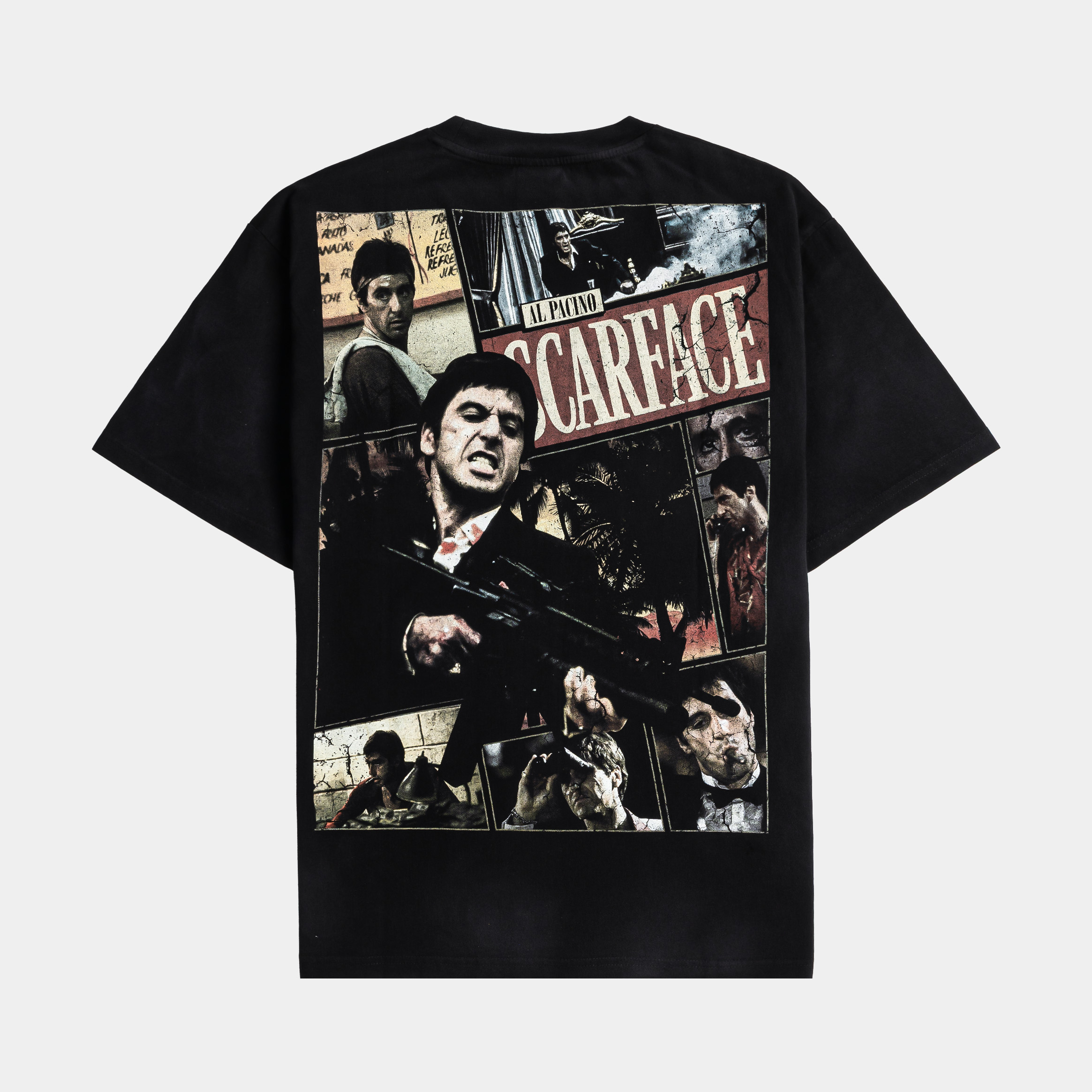 Black t-shirt with a graphic design on the front.