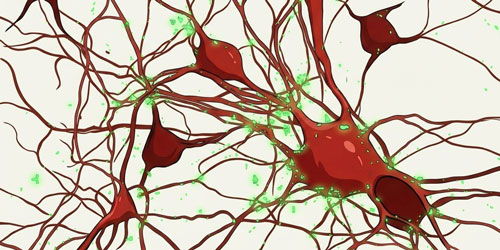 Fluorescent antibody staining of neuronal cell bodies and synapses in neural network culture.
