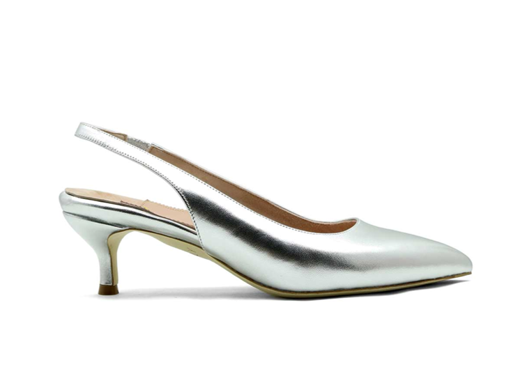 Silver slingback high heel shoe on a white background.