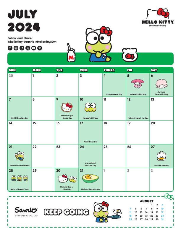 Sanrio Friend of the Month July 2024 Calendar featuring Keroppi.