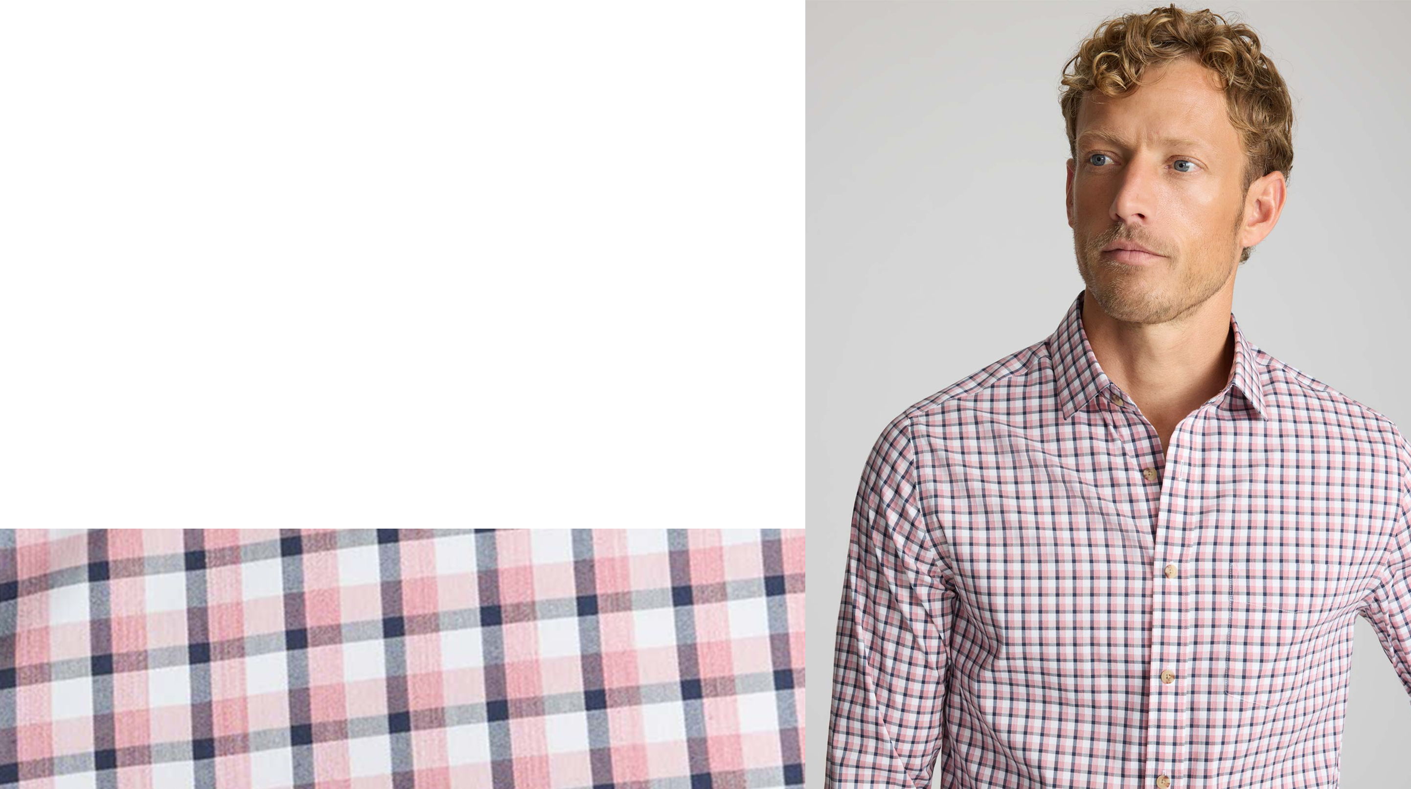 Man wearing a checkered shirt with fabric swatch displayed beside him.