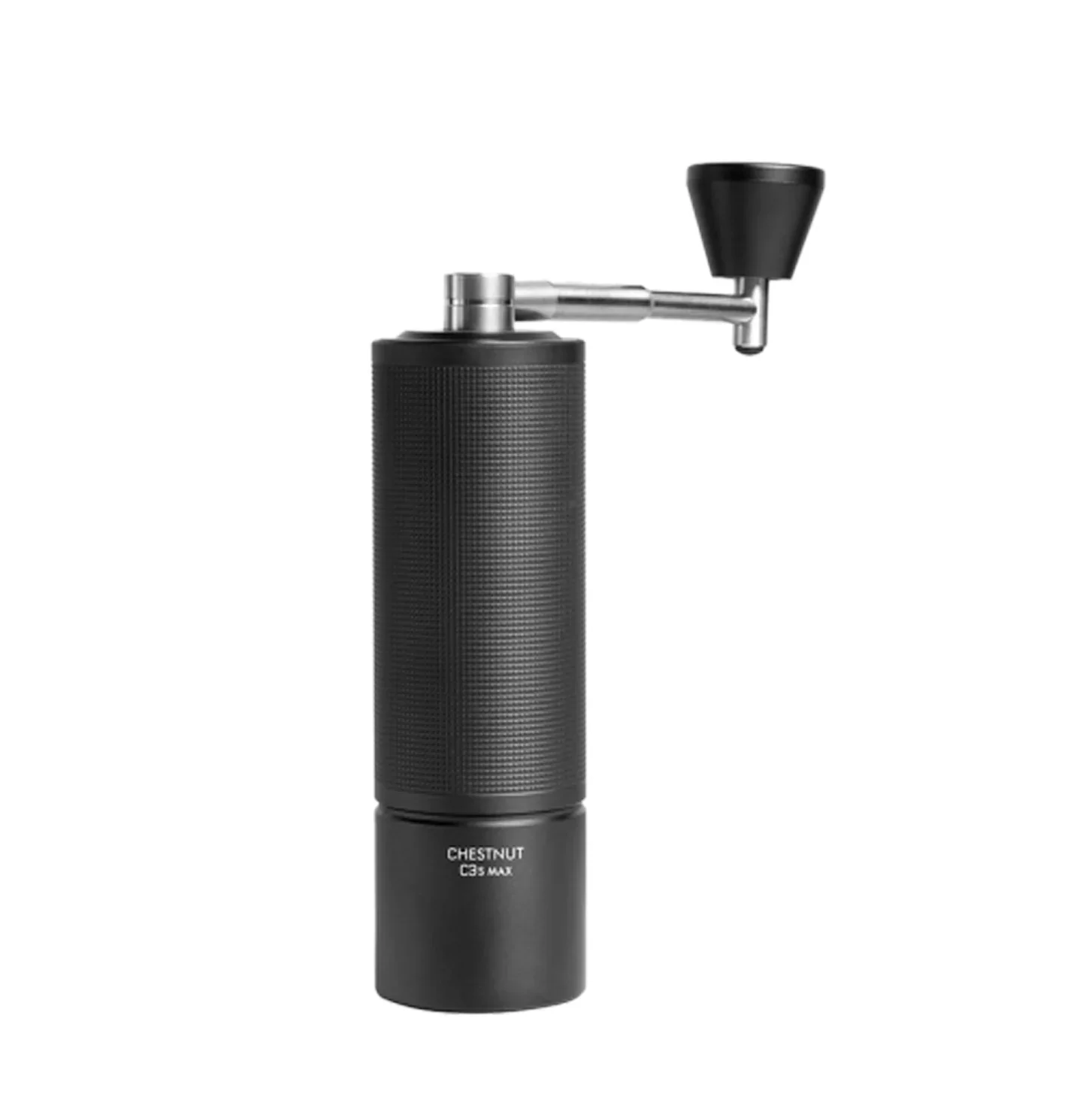 Black manual coffee grinder with a handle and hopper.