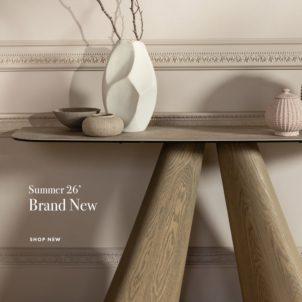 Shop the latest furniture trends banner - Console table with marble top and wooden legs