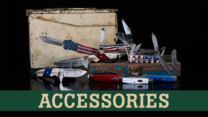 Picture of various red, white, and blue and patriotic themed pocket knives and ranch knives with text 