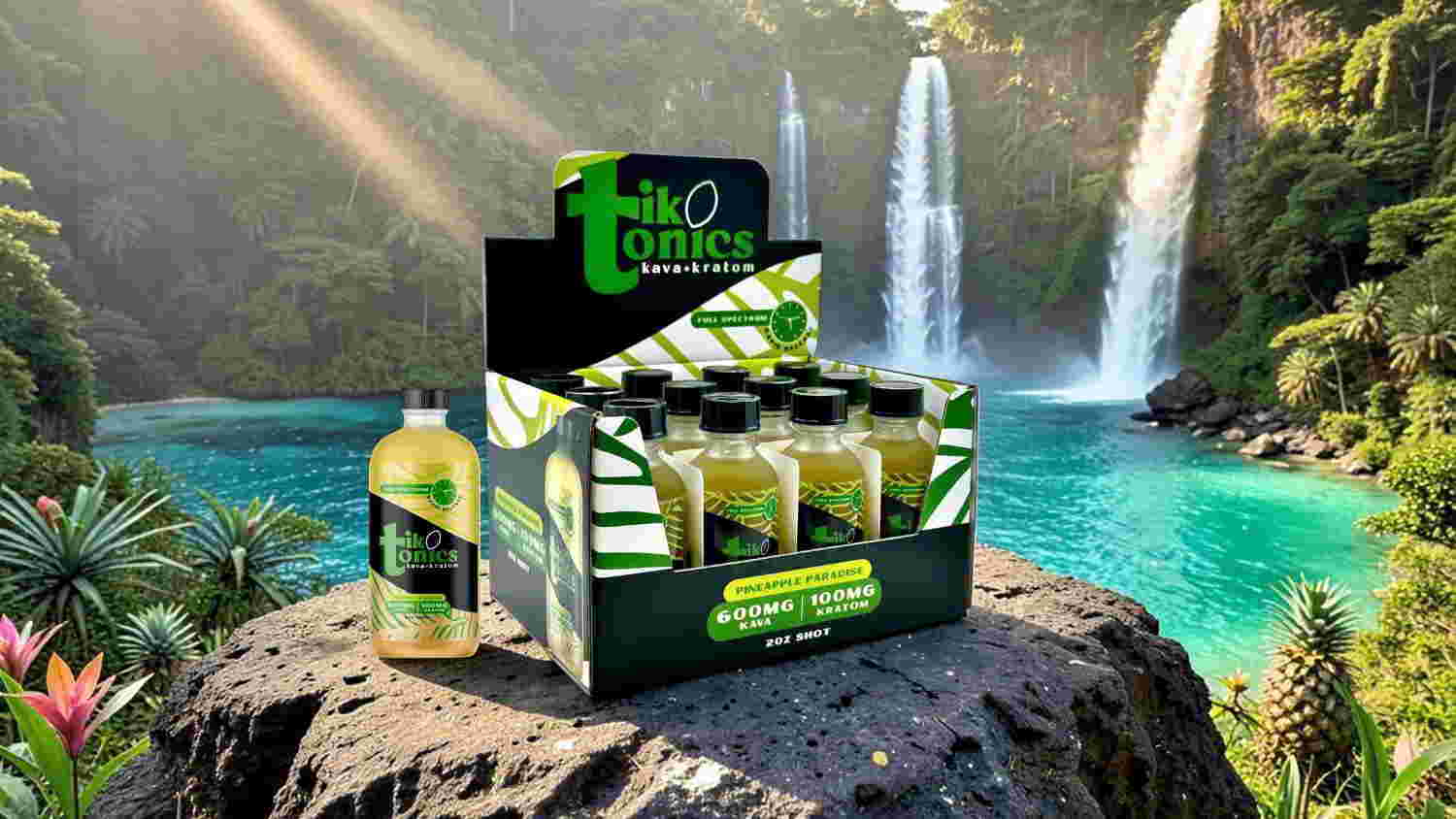 Display of beverage bottles near a tropical waterfall.