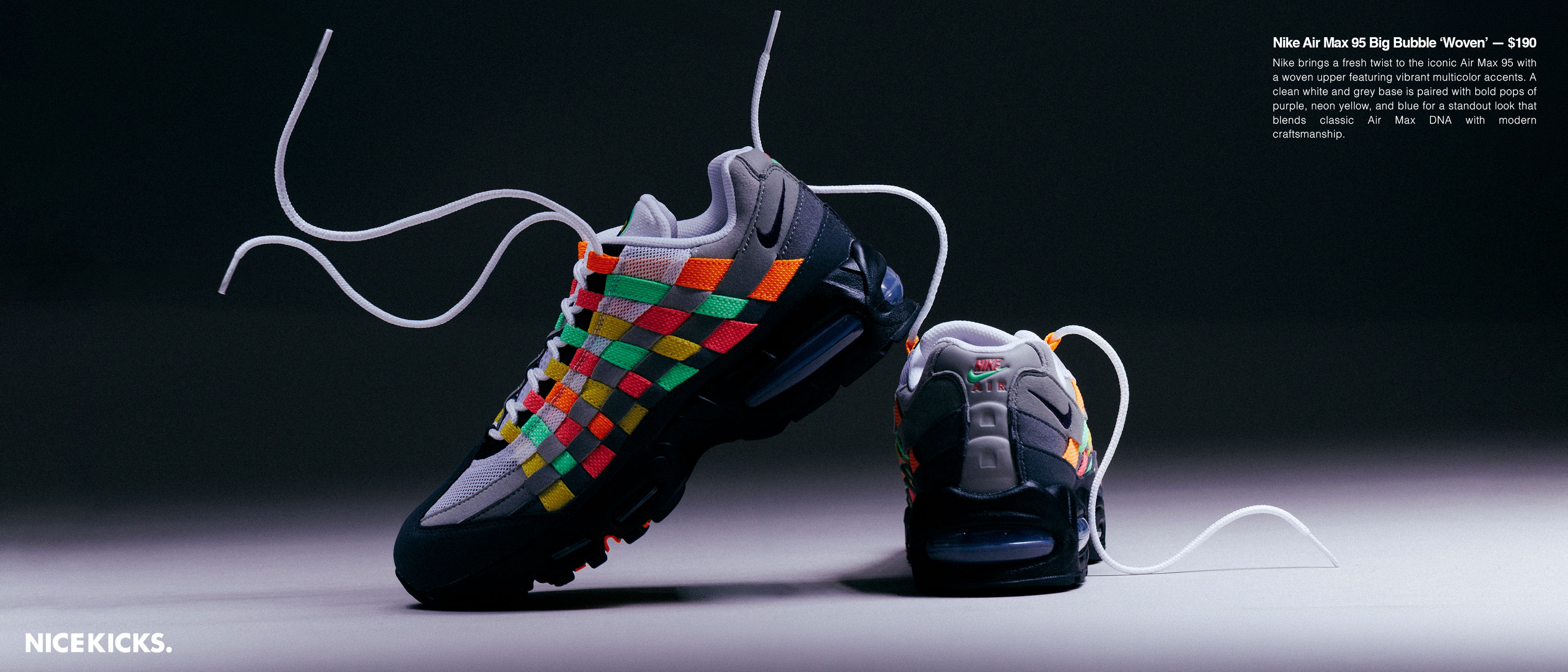 Colorful sneakers with loose shoelaces against a dark background.