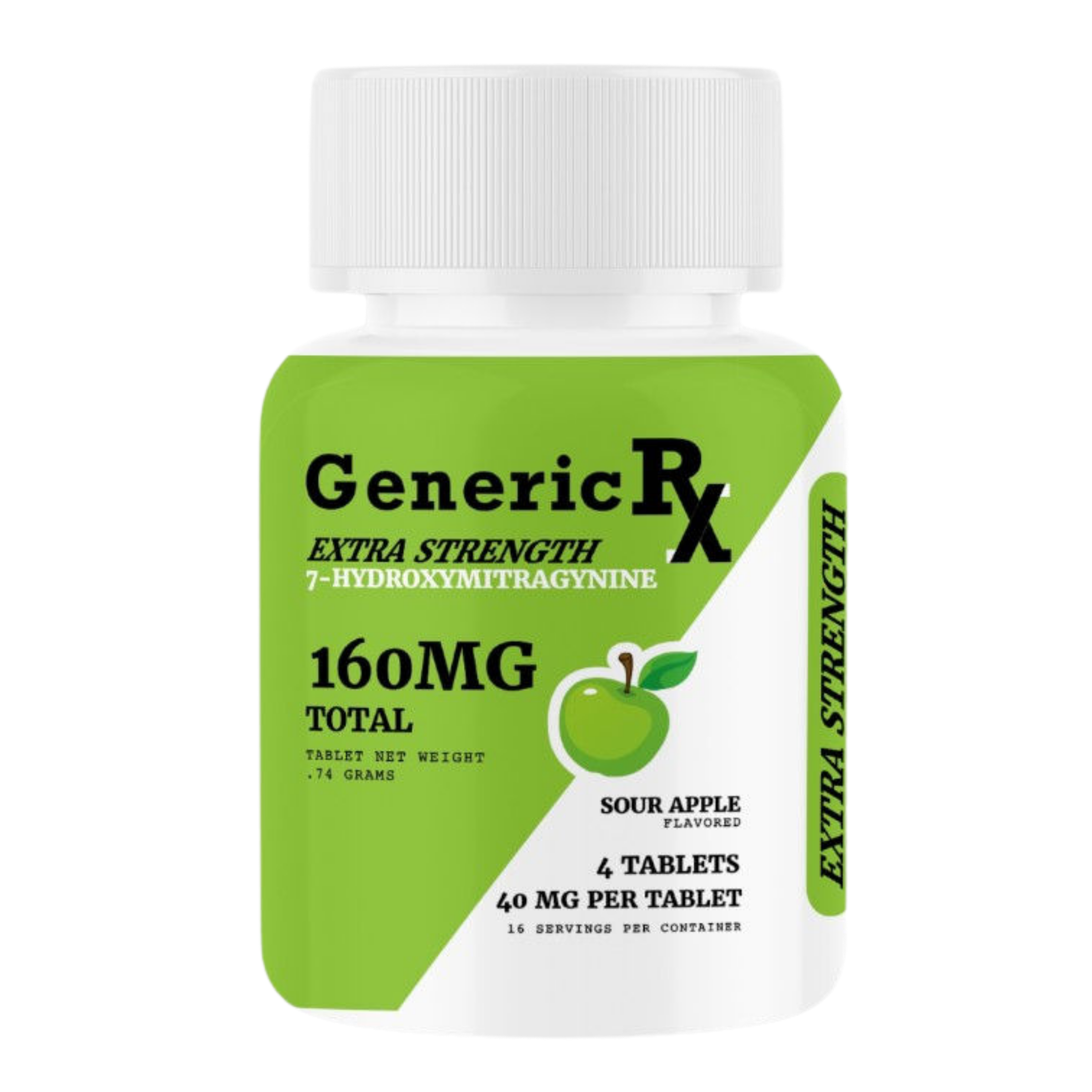 Bottle of Generic RX tablets, 160MG, sour apple flavor, extra strength.