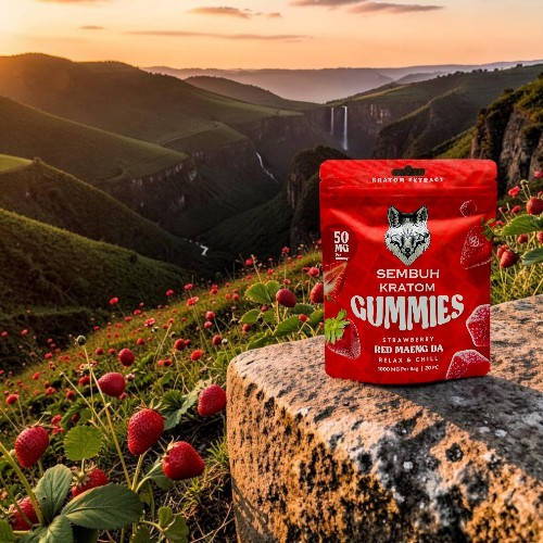 A pack of gummies on a rock with a scenic sunset background.