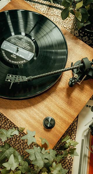 A vinyl record player on a wooden surface surrounded by greenery.