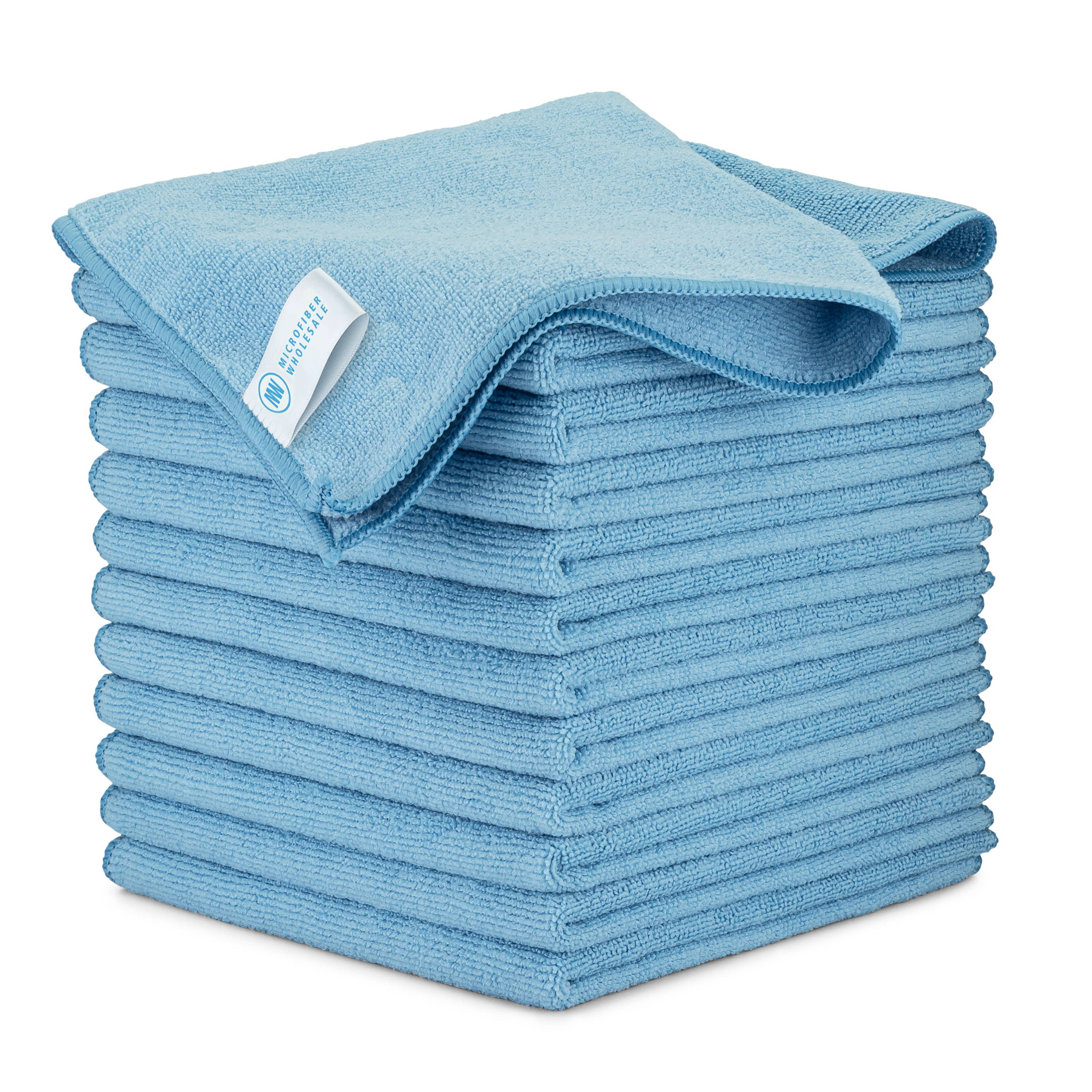 Stack of blue microfiber cleaning cloths.
