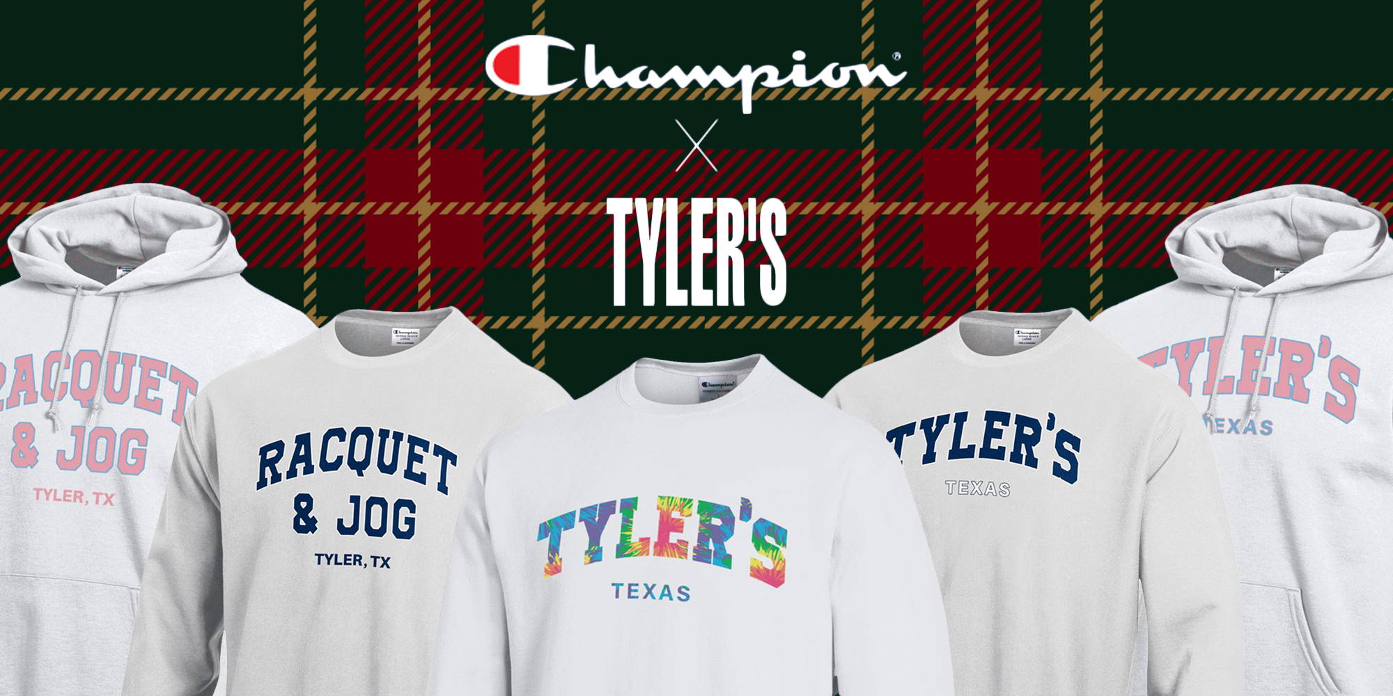 graphic of TYLER'S and Racquet and Jog Champion style sweatshirts and hoodies