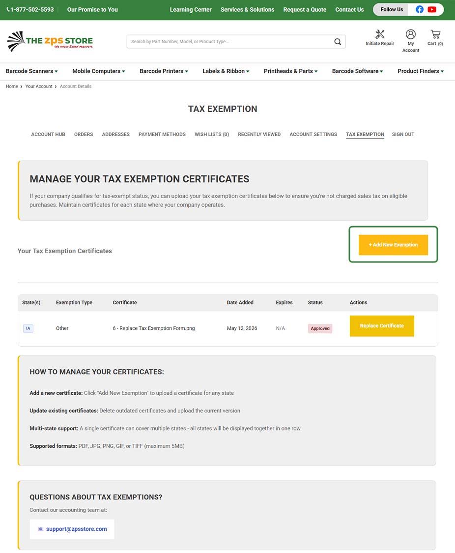 Tax exemption certificate management page with options to manage and download.
