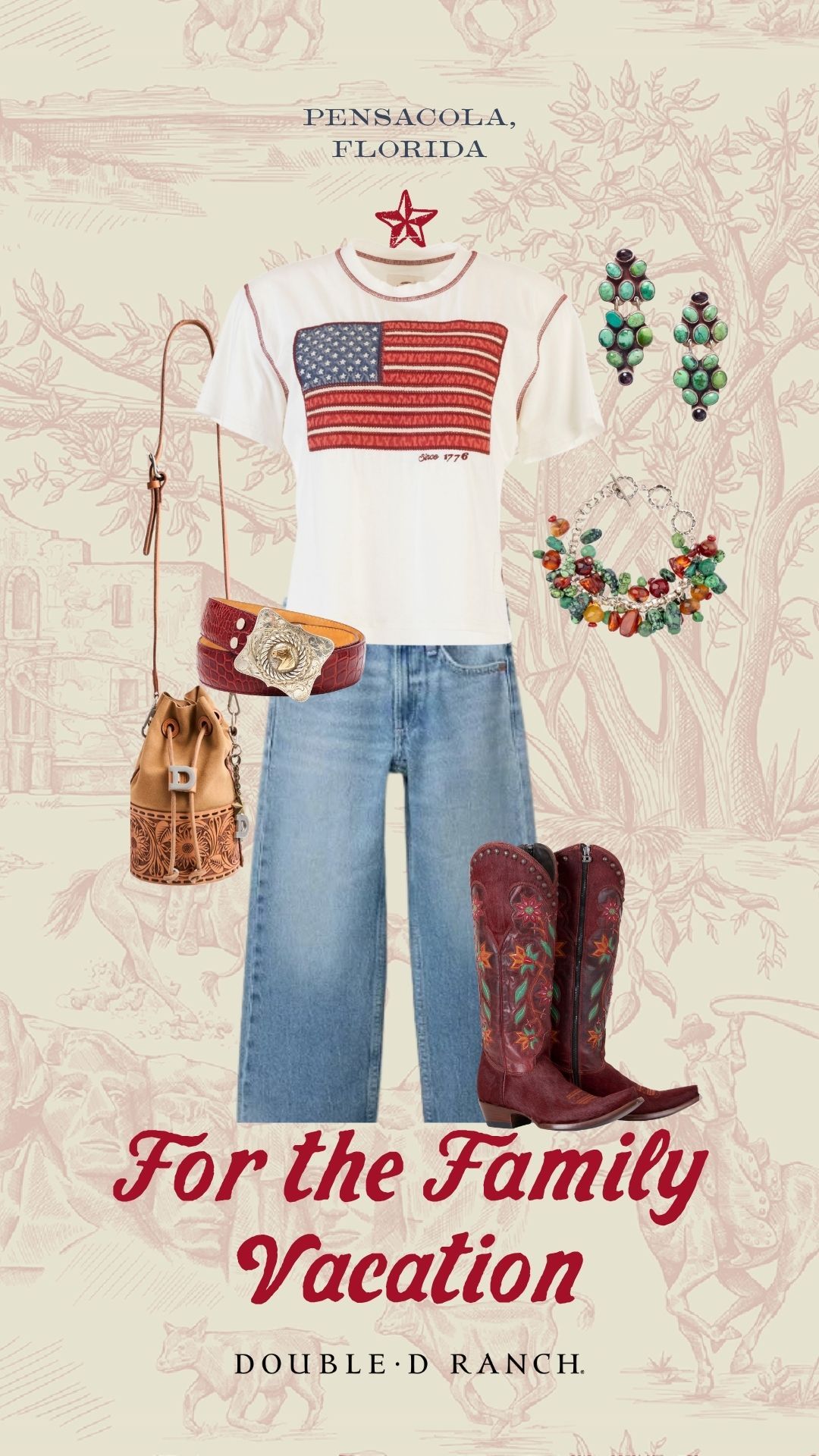 Voices of Liberty Top with the Prairie Thistle boot and Double D Ranch jewelry and accessories.