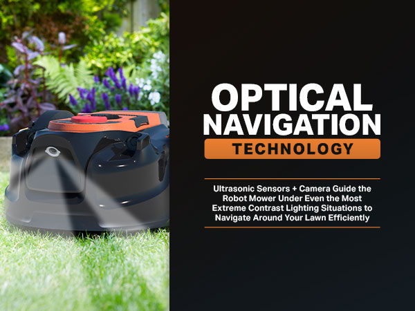 Robot lawn mower with optical navigation technology in a garden setting.
