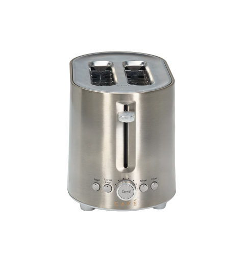 Stainless steel toaster with two slots and control buttons.