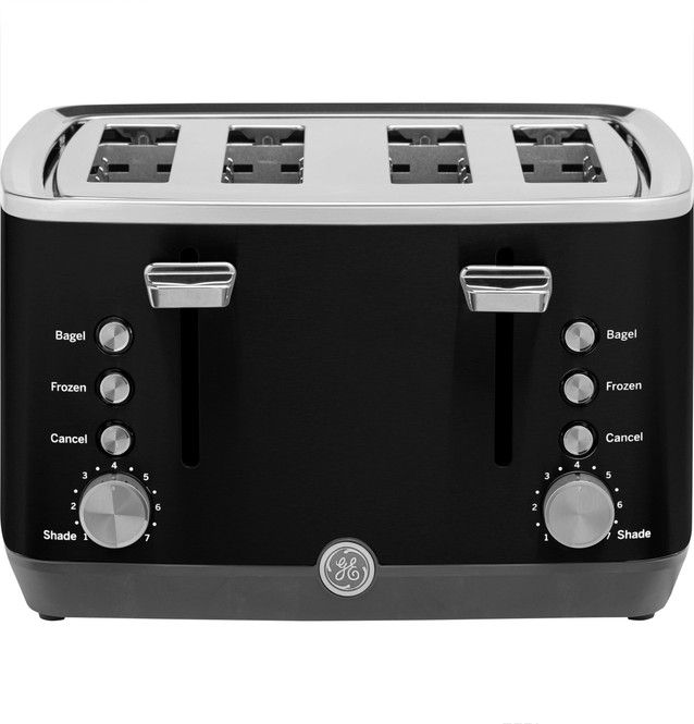 Black four-slice toaster with chrome accents and multiple settings.