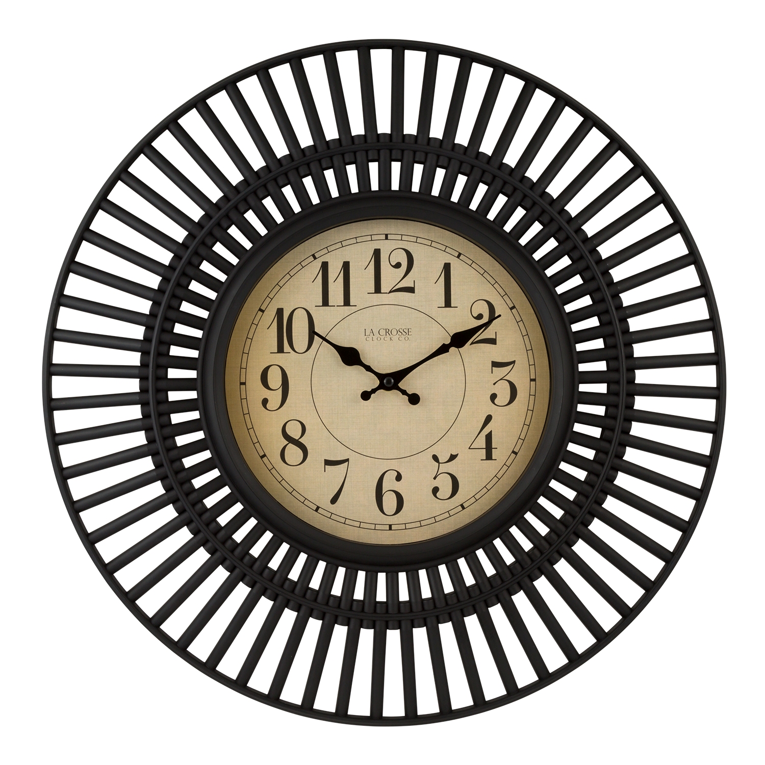 20-inch Covington Wall Clock hanging on a stone wall in a modern living room above a cream couch in front of a coffee table with a decorative vase. 