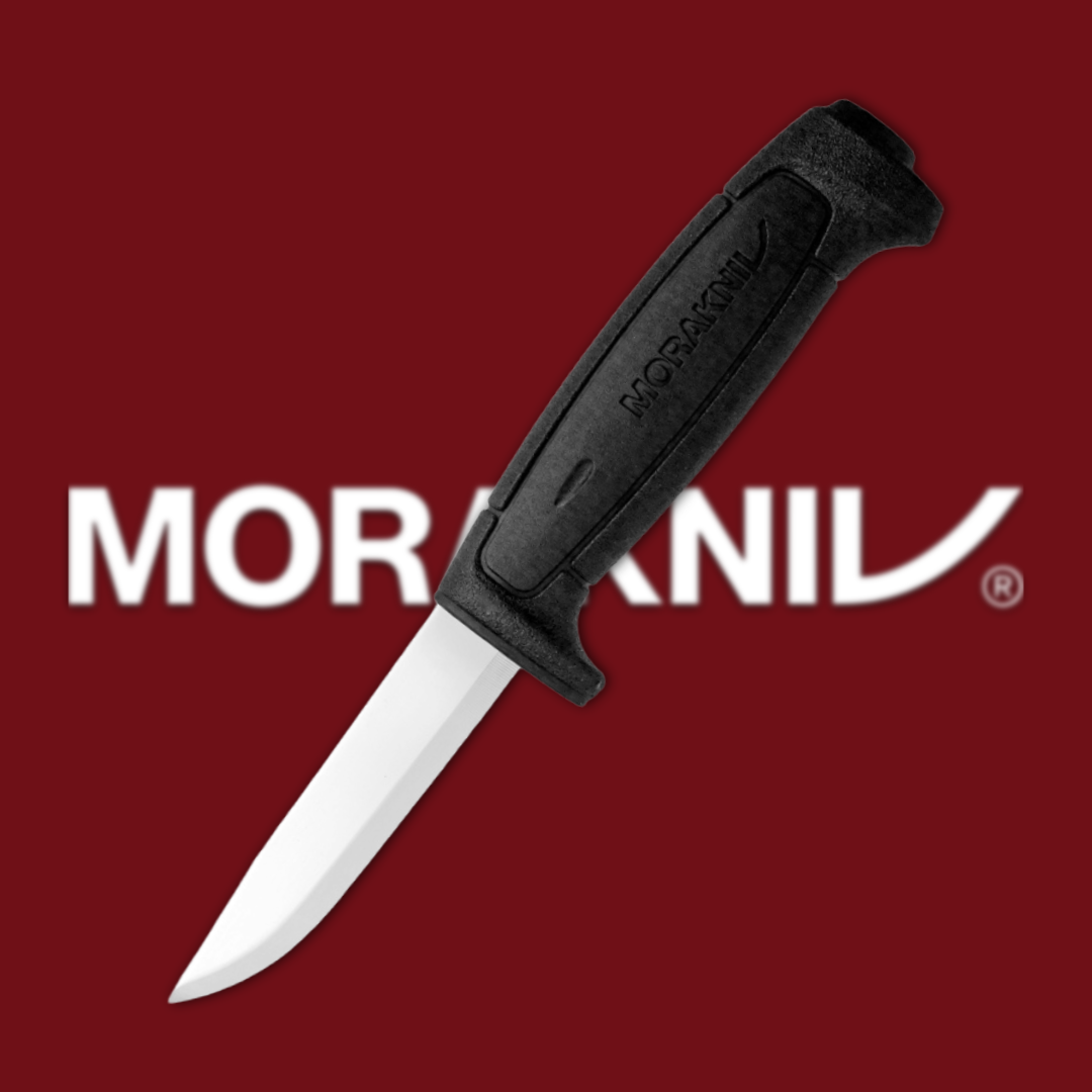 A knife with a black handle and silver blade on a red background.