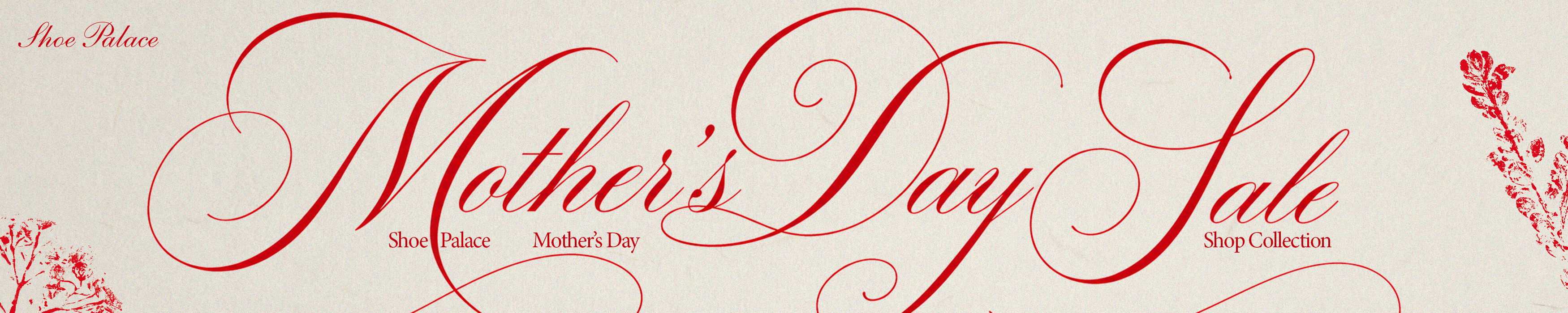 Mother's Day Sale text in elegant red script on a light background.