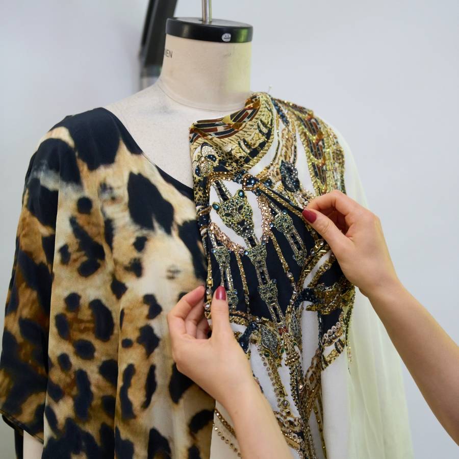 CAMILLA Design Process | Different CAMILLA fabrics against mannequin