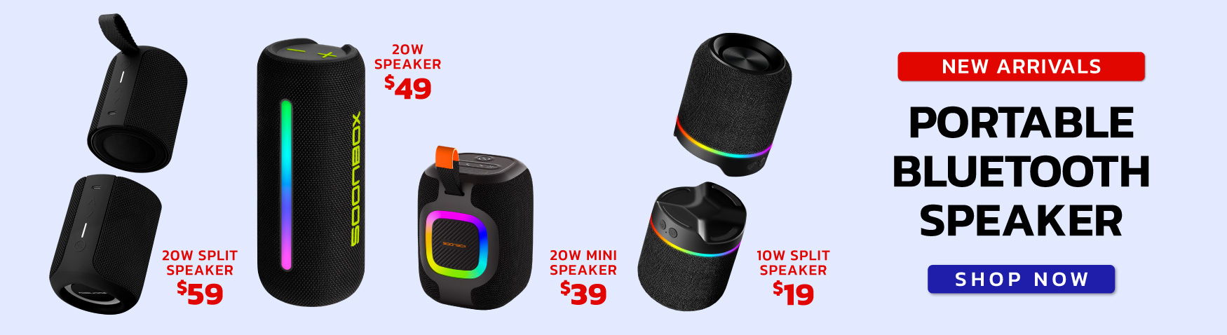 Portable Bluetooth speakers with promotional prices and colorful designs.