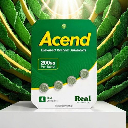 Acend packaging with tablets, featuring green leaves in the background.