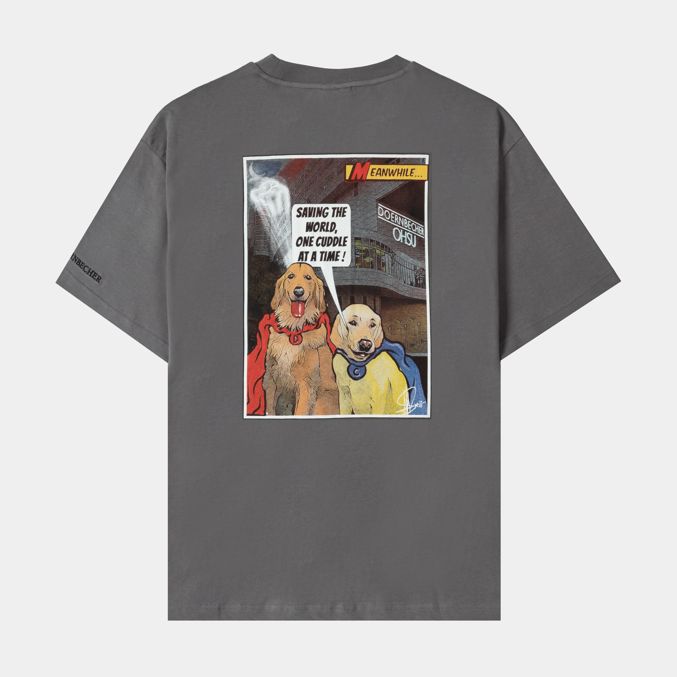 Gray t-shirt with a small graphic design on the front.