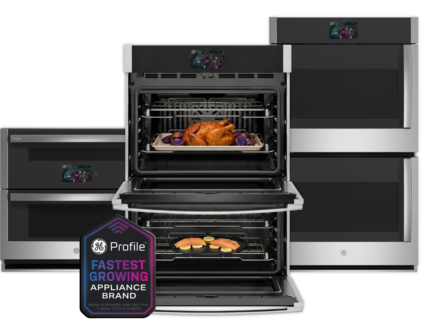 Oven with food inside, showcasing modern kitchen appliances and branding.