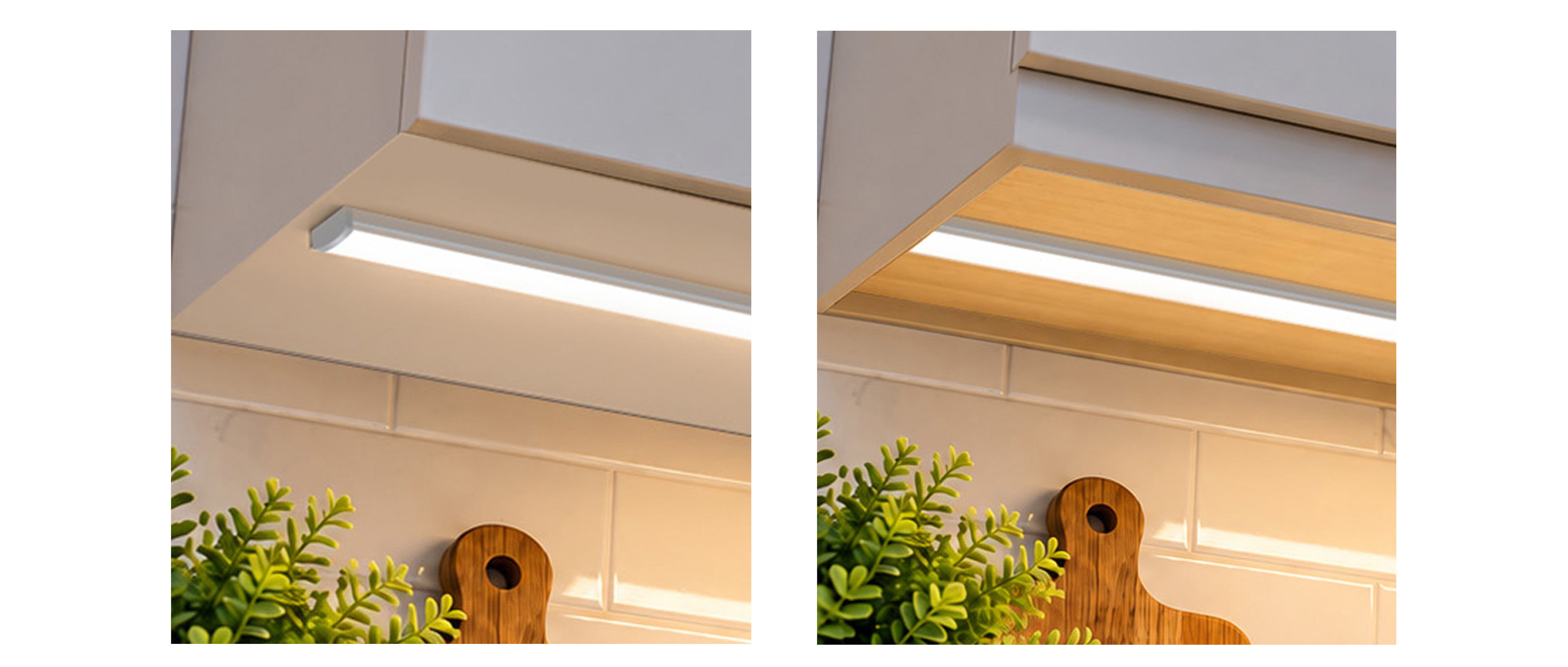 Under cabinet lighting installation with a front light rail compared with a flat-bottom cabinet