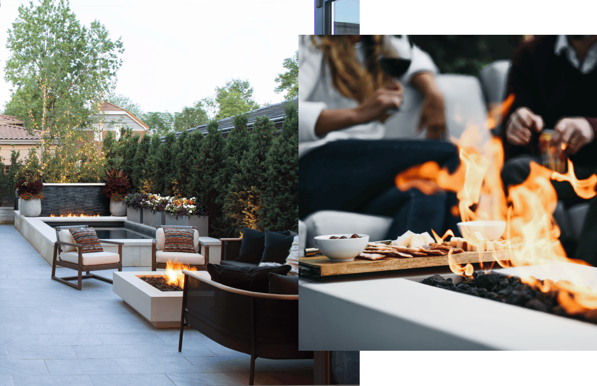 Modern backyard lounge with two outdoor gas fire pits and seating, plus close-up of flames on a fire table.