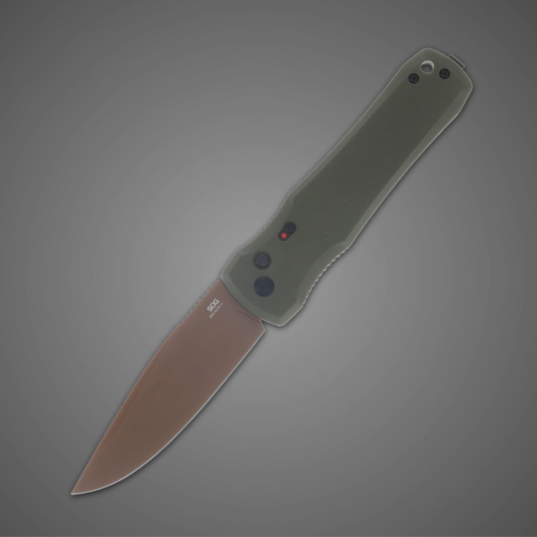 A folding knife with a green handle and a brown blade.