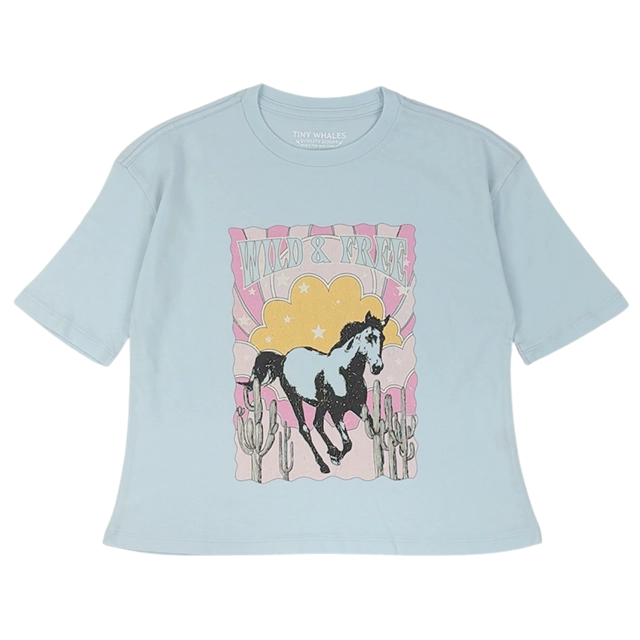 Light blue t-shirt featuring a horse illustration and colorful background.