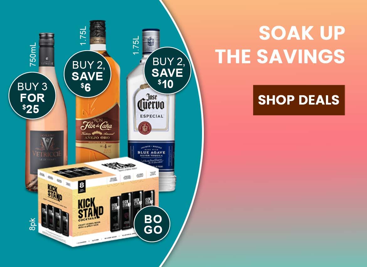 Promotional image featuring alcoholic beverages and savings offers.