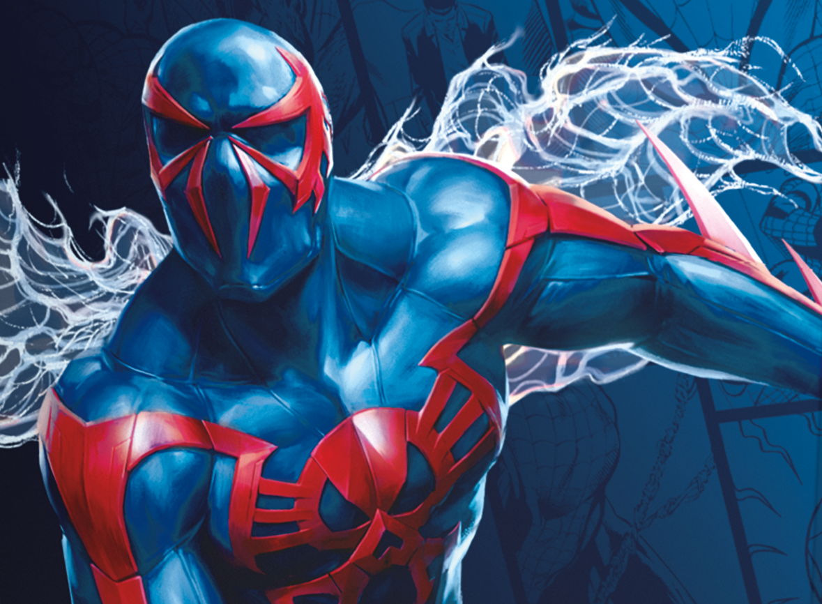 A superhero in a blue and red costume with a spider emblem.