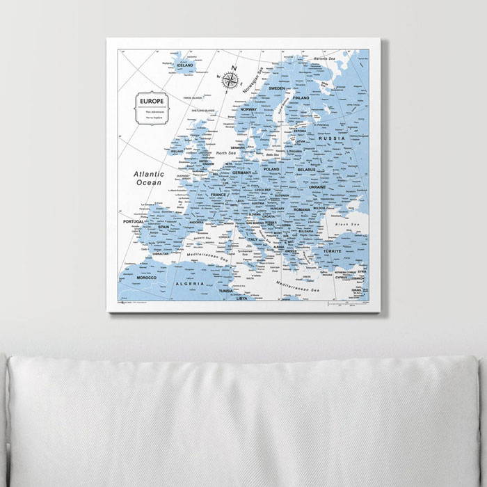 light blue color splash europe push pin travel map