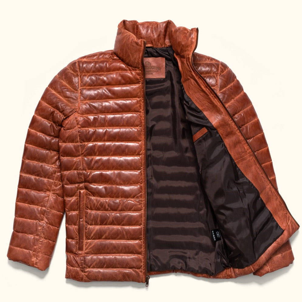 leather down puffer jacket brown