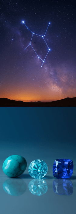 Sagittarius constellation glowing in a starry night sky above a serene desert horizon, with turquoise, blue topaz, and tanzanite gemstones displayed below on a reflective surface. The composition beautifully blends celestial and earthly tones, symbolizing the adventurous and visionary spirit of Sagittarius.