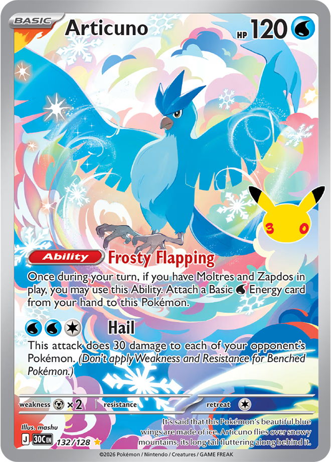 An Illustration Rare Articuno Card from the 30th Celebration Set,