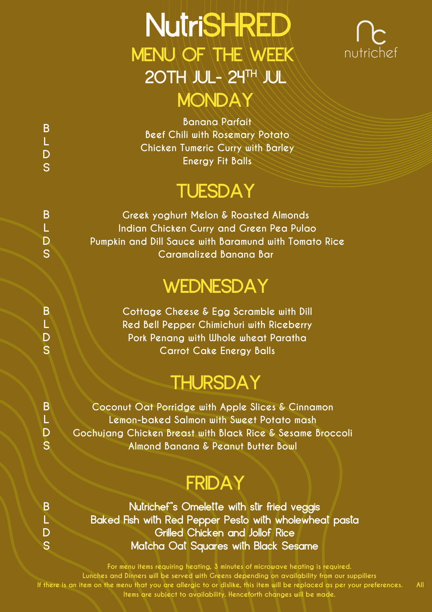 NutriShred weekly fat loss menu of the week - high protein breakfast, lunch and dinner meals