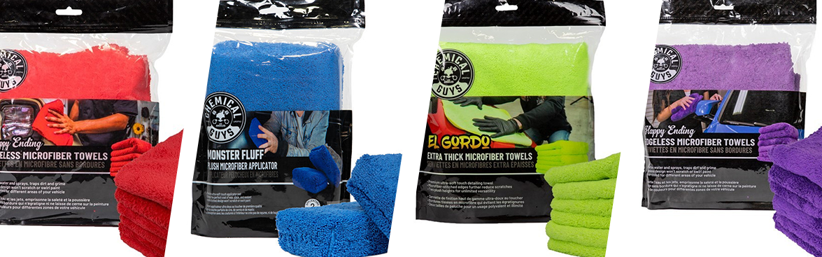 Photo collage of Chemical Guys microfibers & towels for automotive detailing.