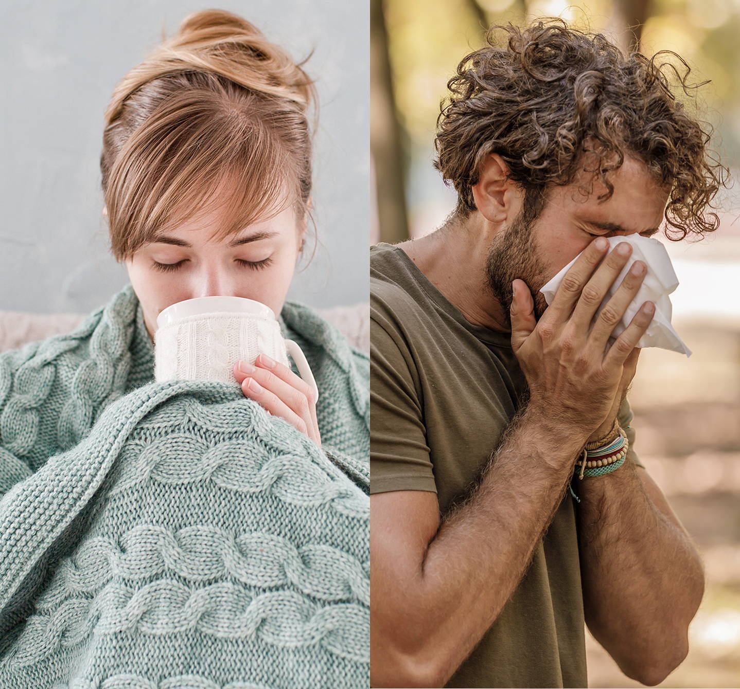 Left, woman with COVID-19 snuggling under a blanket with a hot drink. Right, a man outside blowing his nose due to allergies