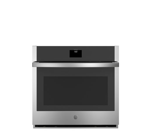 A modern stainless steel oven with a digital display.