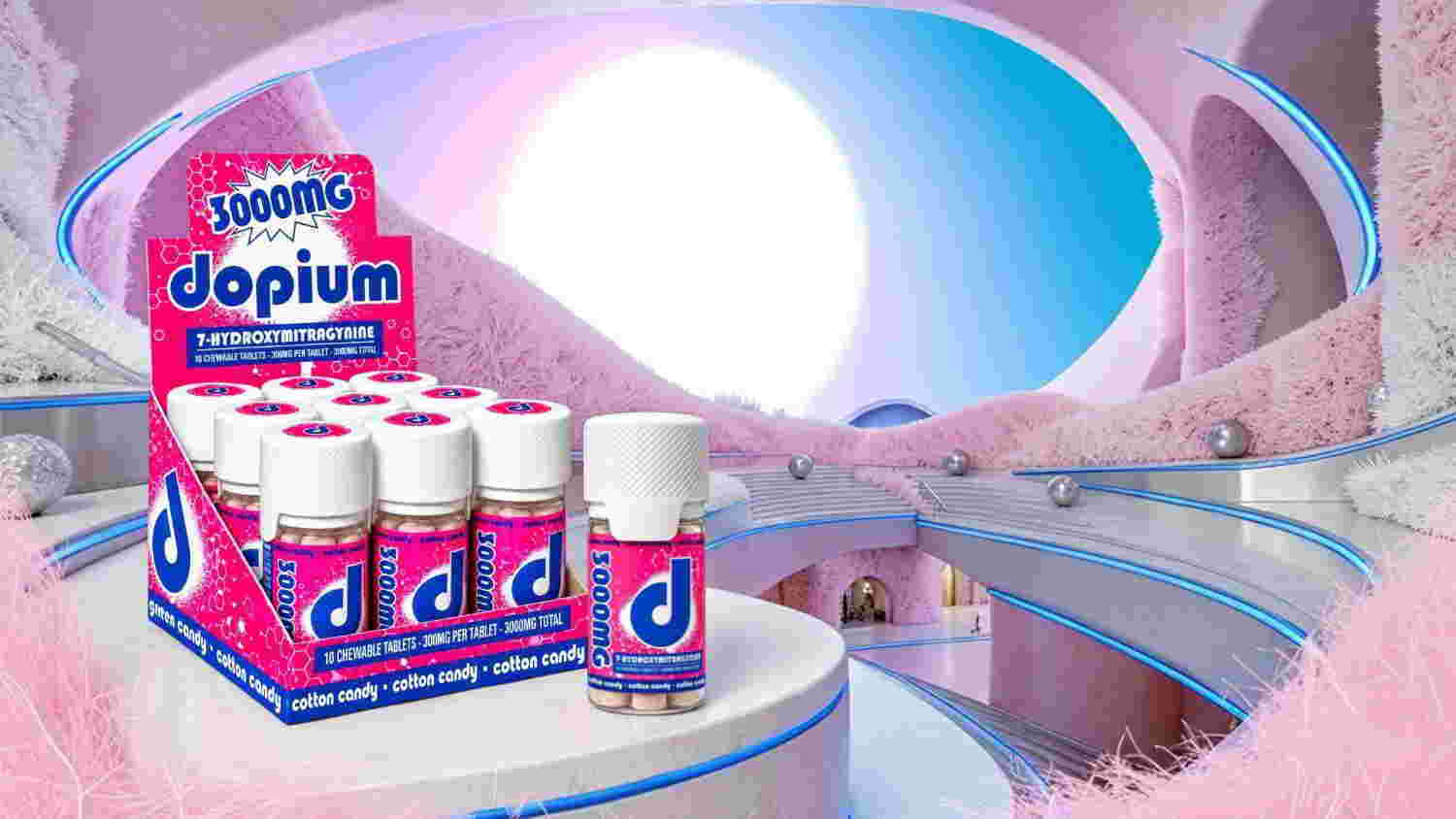 Colorful display of d'opium bottles in a whimsical, pastel environment.