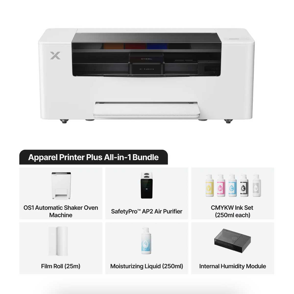 Apparel printer plus all-in-one bundle with accessories and specifications listed below.