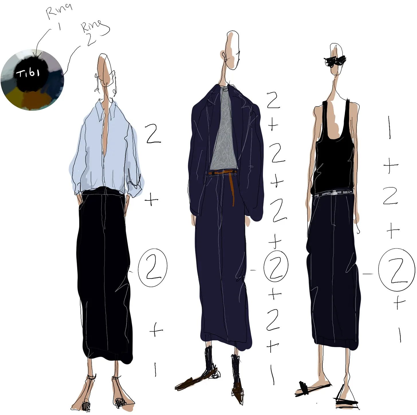 Fashion sketches of three outfits with notes and color swatches.