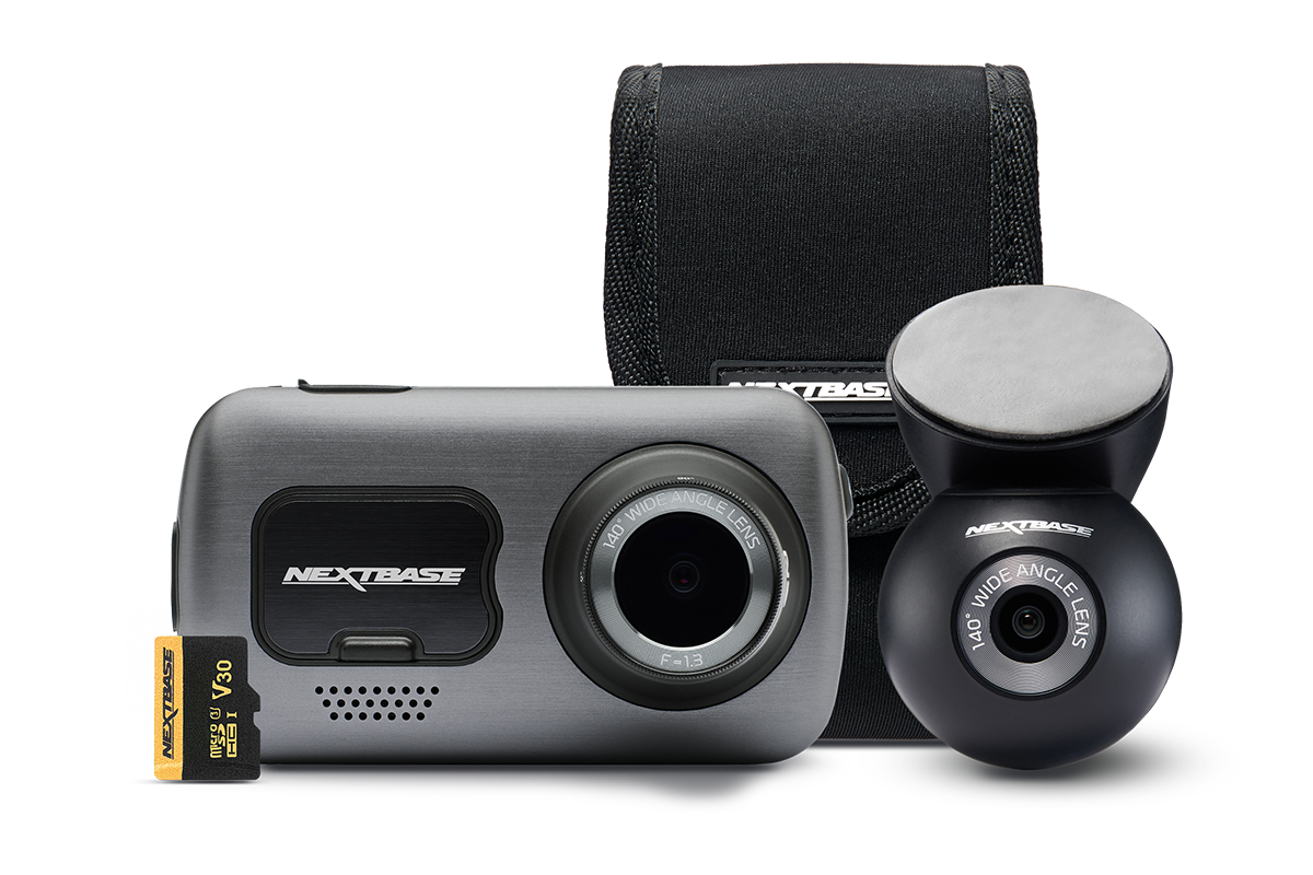 A dashcam with a front camera and an additional rear camera.