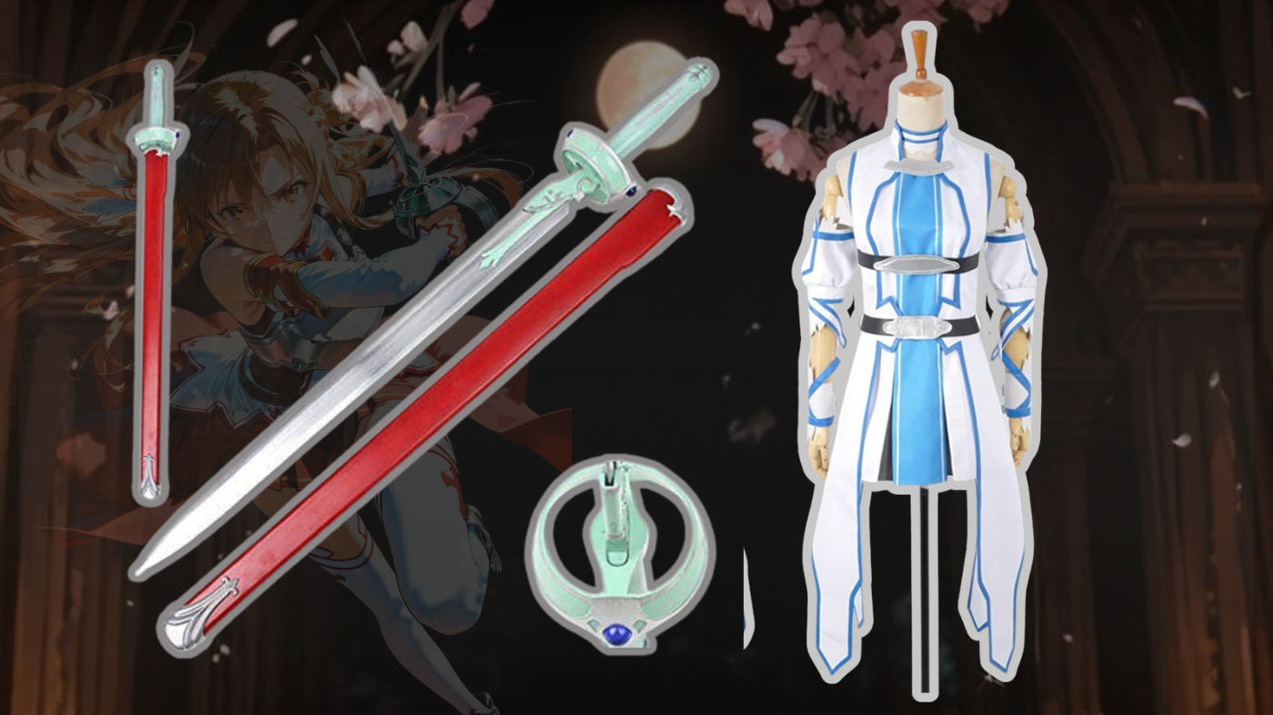 Asuna Yuuki cosplay props and extras, including Lambent Light rapier sword replica, sword sheath accessory, and optional Alfheim Online elf ears for anime-inspired Sword Art Online character styling.