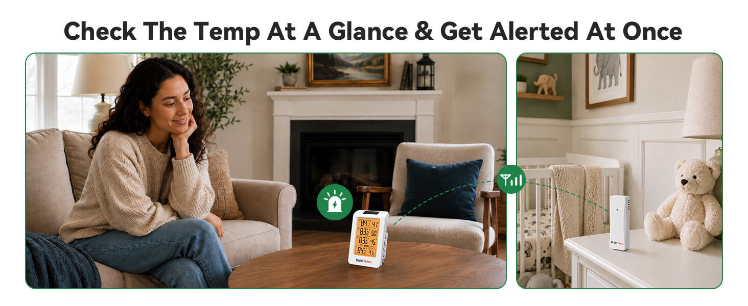Woman checking temperature on a device in a cozy living room setting.