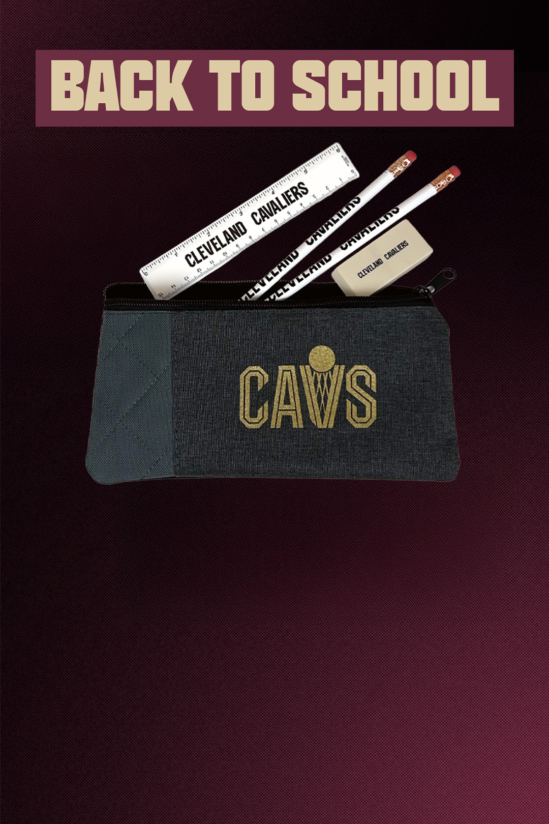 Cleveland Cavaliers themed pencil case with school supplies and 