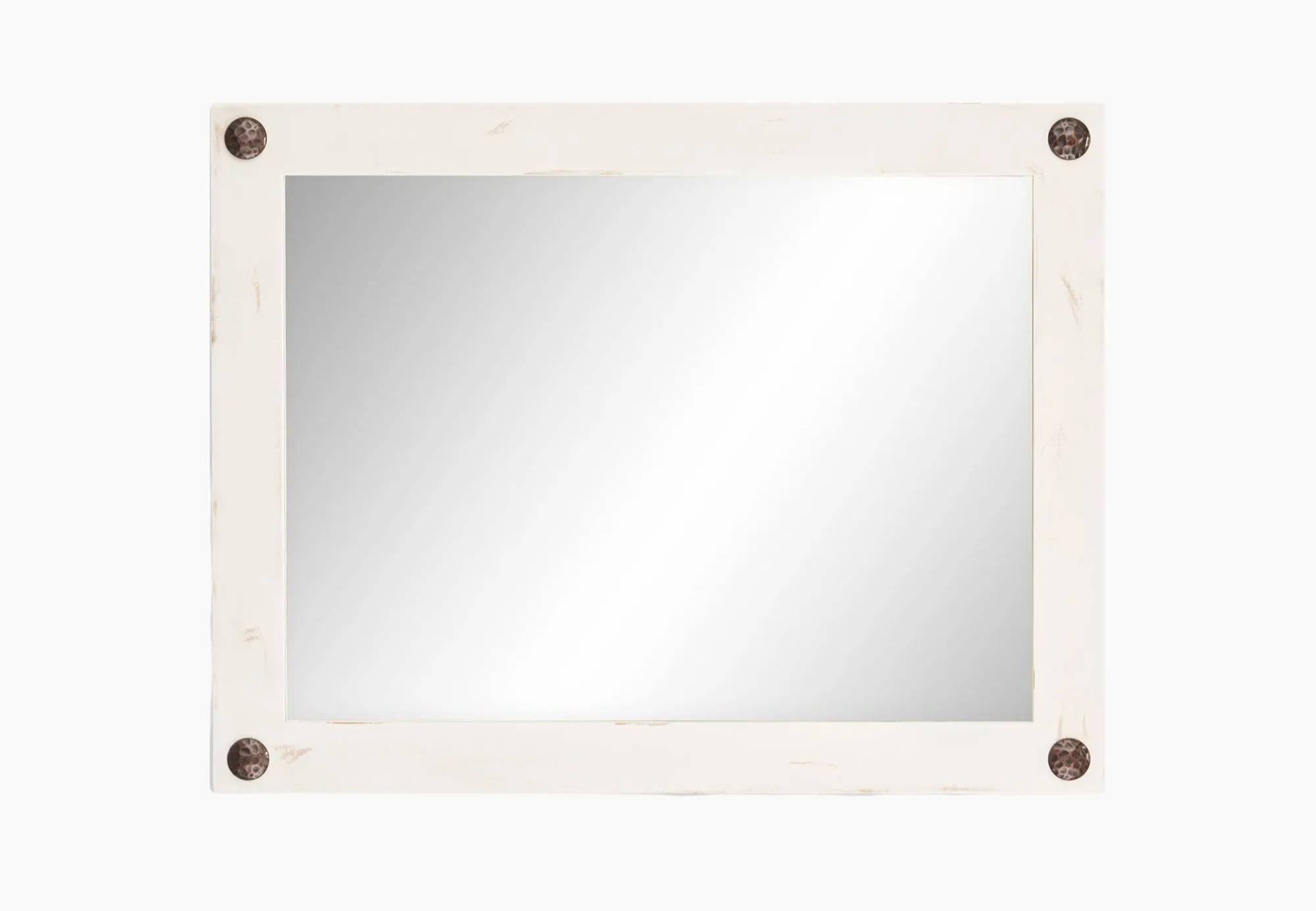 Wide white vanity mirror with wood frames and accents